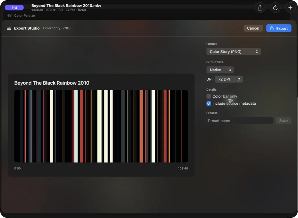 PaletteFrame Color Story view with a selected segment, representative frame, and local palette