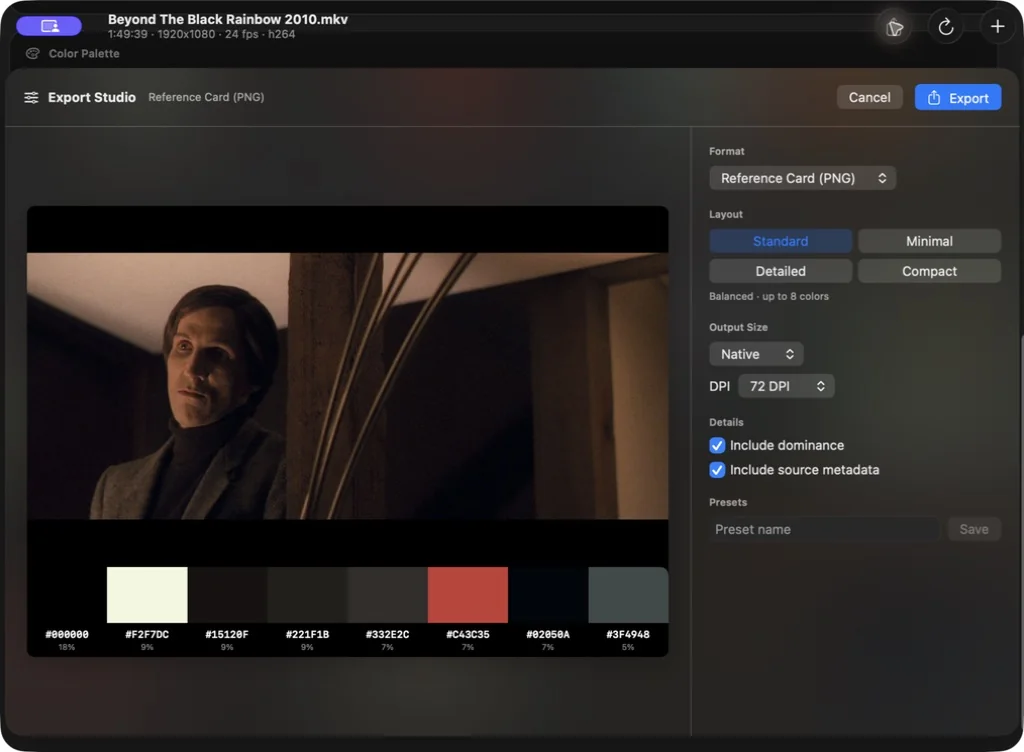 PaletteFrame Export Studio previewing a reference-card PNG with layout and output controls