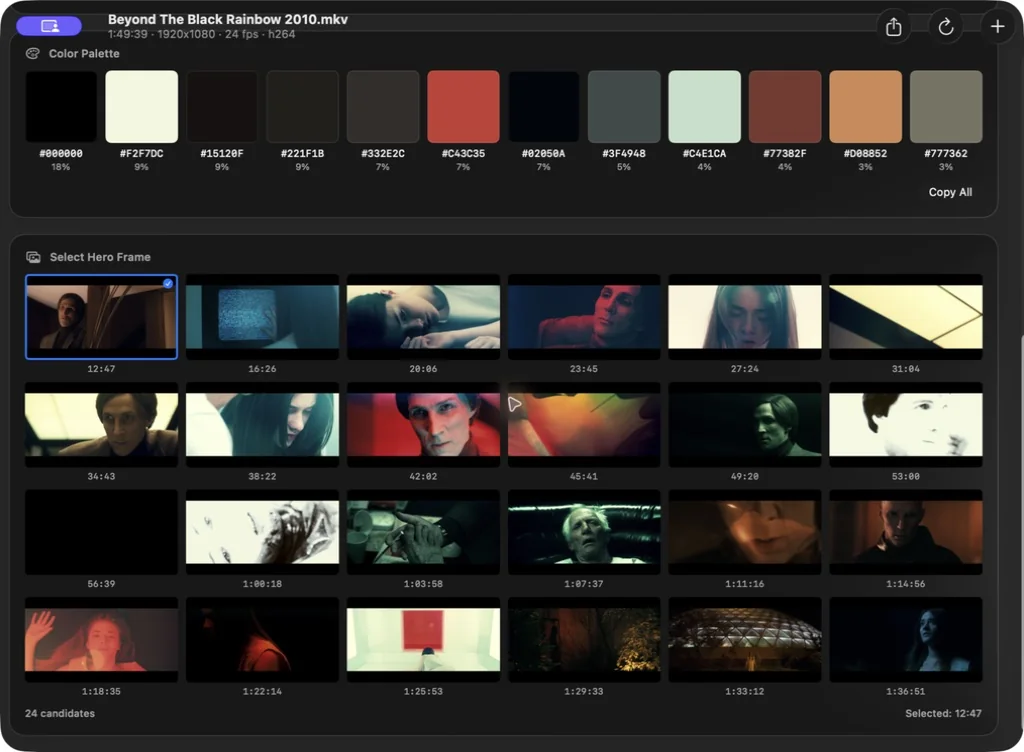 PaletteFrame showing 24 analyzed hero-frame candidates with one selected